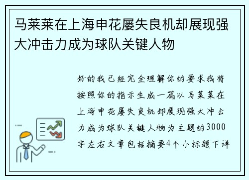 马莱莱在上海申花屡失良机却展现强大冲击力成为球队关键人物