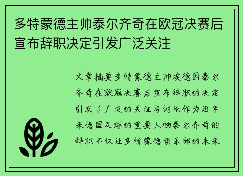 多特蒙德主帅泰尔齐奇在欧冠决赛后宣布辞职决定引发广泛关注 多特蒙德主帅泰尔齐奇在欧冠决赛后宣布辞职决定引发广泛关注